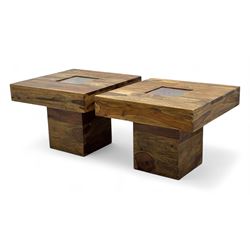 Pair of contemporary hardwood occasional tables, square tops with central recessed acrylic...