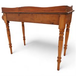 Victorian pitch pine washstand, raised gallery over rectangular top, fitted with single drawer, on turned supports 