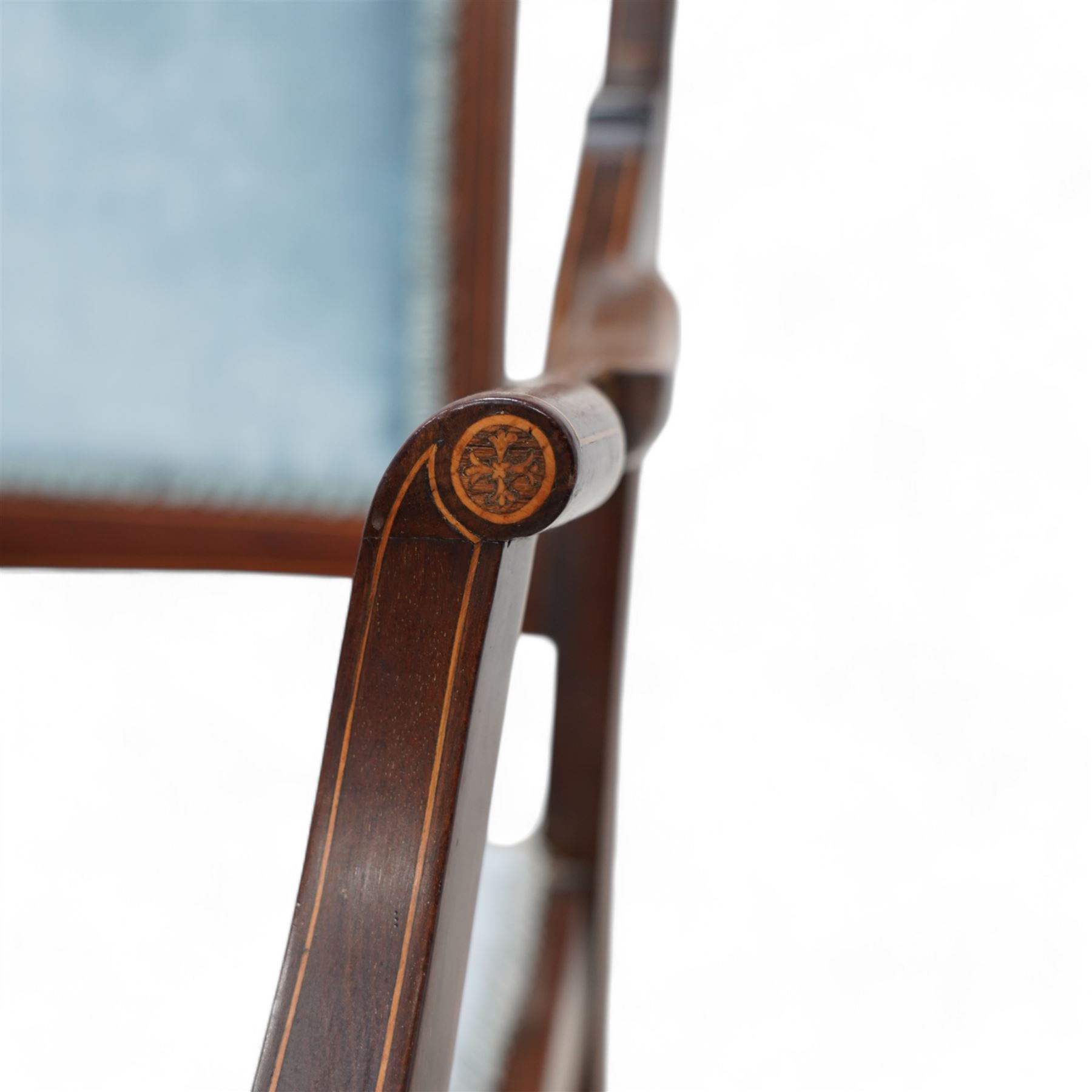 Edwardian inlaid mahogany and rosewood salon suite - two-seat sofa (W112cm, H90cm, D60cm); set of four side chairs (W44cm, H90cm); inlaid with scrolling foliate motifs, upholstered in light blue fabric, on turned supports inlaid with boxwood stringing