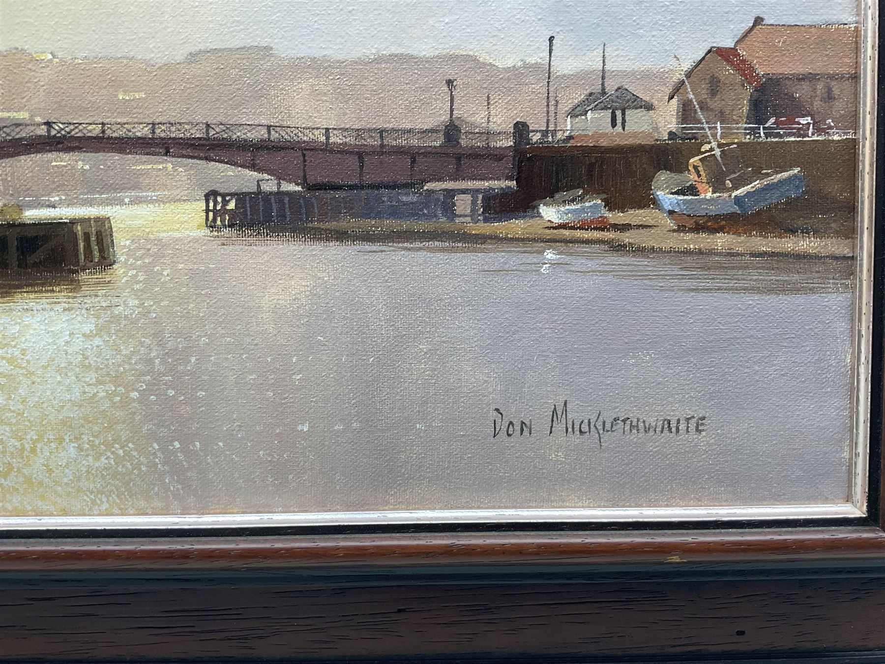 Don Micklethwaite (British 1936-): Whitby Swing Bridge, oil on canvas signed 29cm x 40cm 