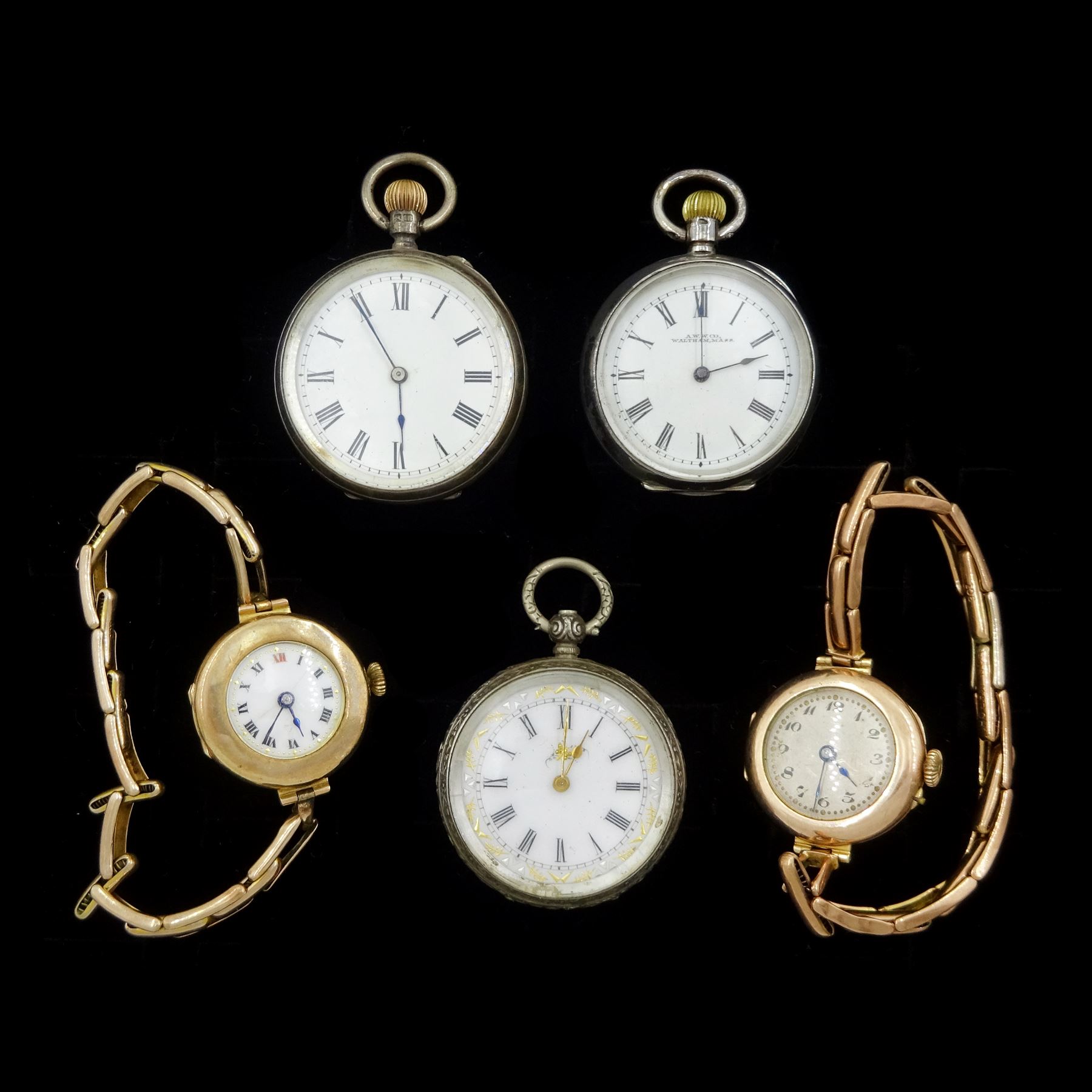 Two early 20th century 9ct gold manual wind wristwatches, hallmarked, on 9ct gold expanding straps and three silver fob watches, one by American Watch Company