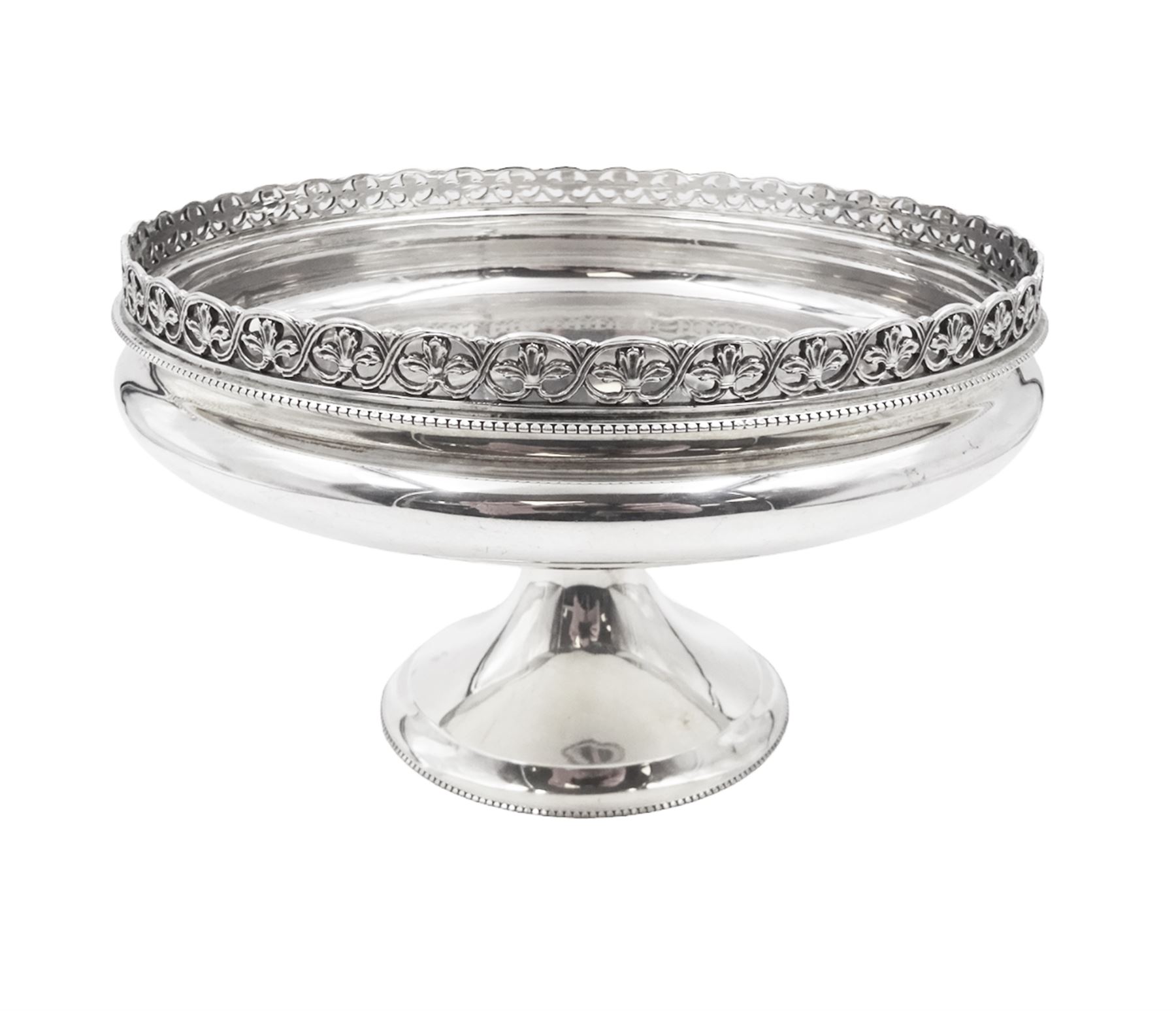 1930s silver pedestal bowl, of circular form, with pierced foliate rim, upon circular foot, hallmarked Blackmore & Fletcher Ltd, London 1931, H12.5cm, D20cm