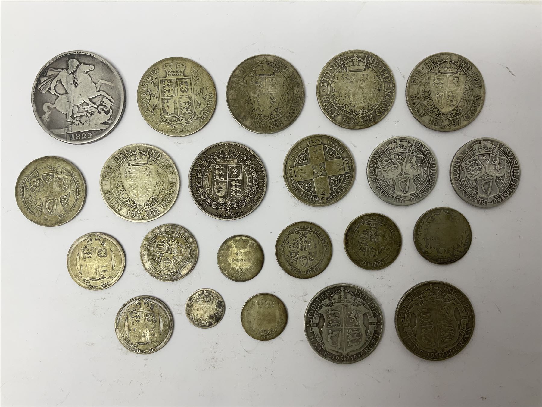 Approximately 210 grams of Great British pre 1920 silver coins, including George IIII 1822 crown, Queen Victoria 1884, 1888, 1894, 1897 and two 1902 halfcrowns etc