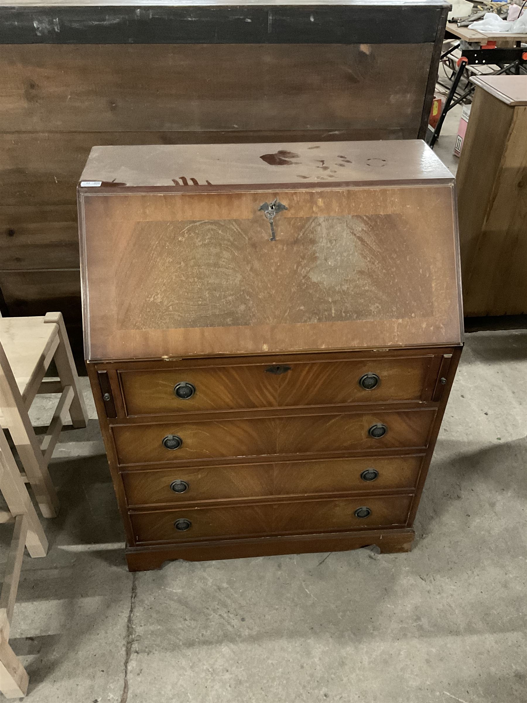 Georgian design mahogany bureau, fall-front enclosing fitted interior with leather inset writing surface, over four graduating drawers - THIS LOT IS TO BE COLLECTED BY APPOINTMENT FROM THE OLD BUFFER DEPOT, MELBOURNE PLACE, SOWERBY, THIRSK, YO7 1QY