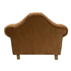 Loaf - hardwood-framed armchair, camelback and rolled arms, upholstered in rust velvet fabric, on turned oak front feet