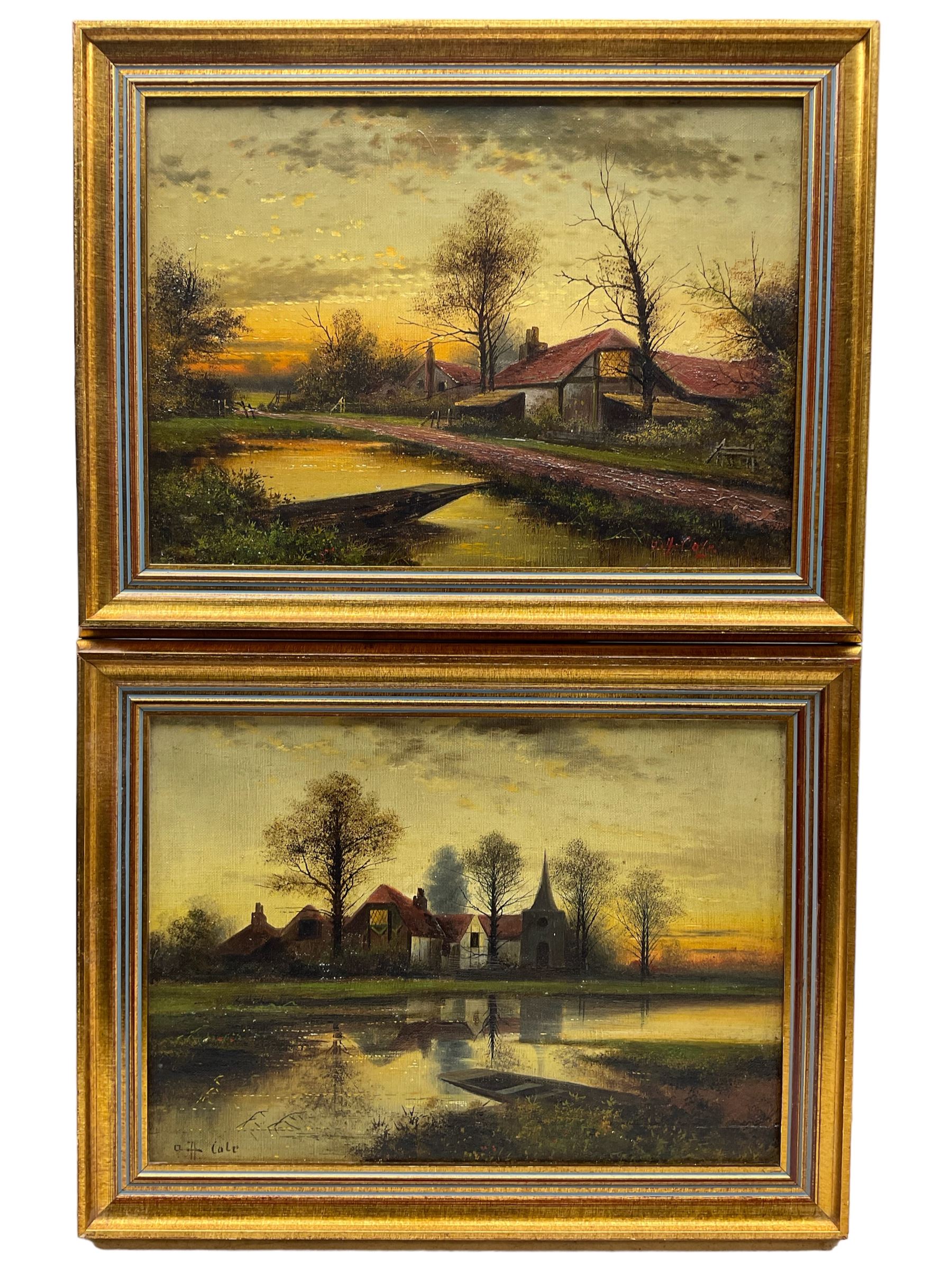 Arthur H Cole (British late 19th century): Punts on the Riverside at Sunset, pair oils on canvas signed 24cm x 34cm (2)