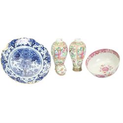 18th century Delft, De Metaale Pot, charger decorated in the Tea Tree pattern, marked MP, D35cm a pair of 19th century Chinese Canton Famille Rose vases, one with cover, H29cm, together with an 18th century Chinese export famille rose bowl (4)