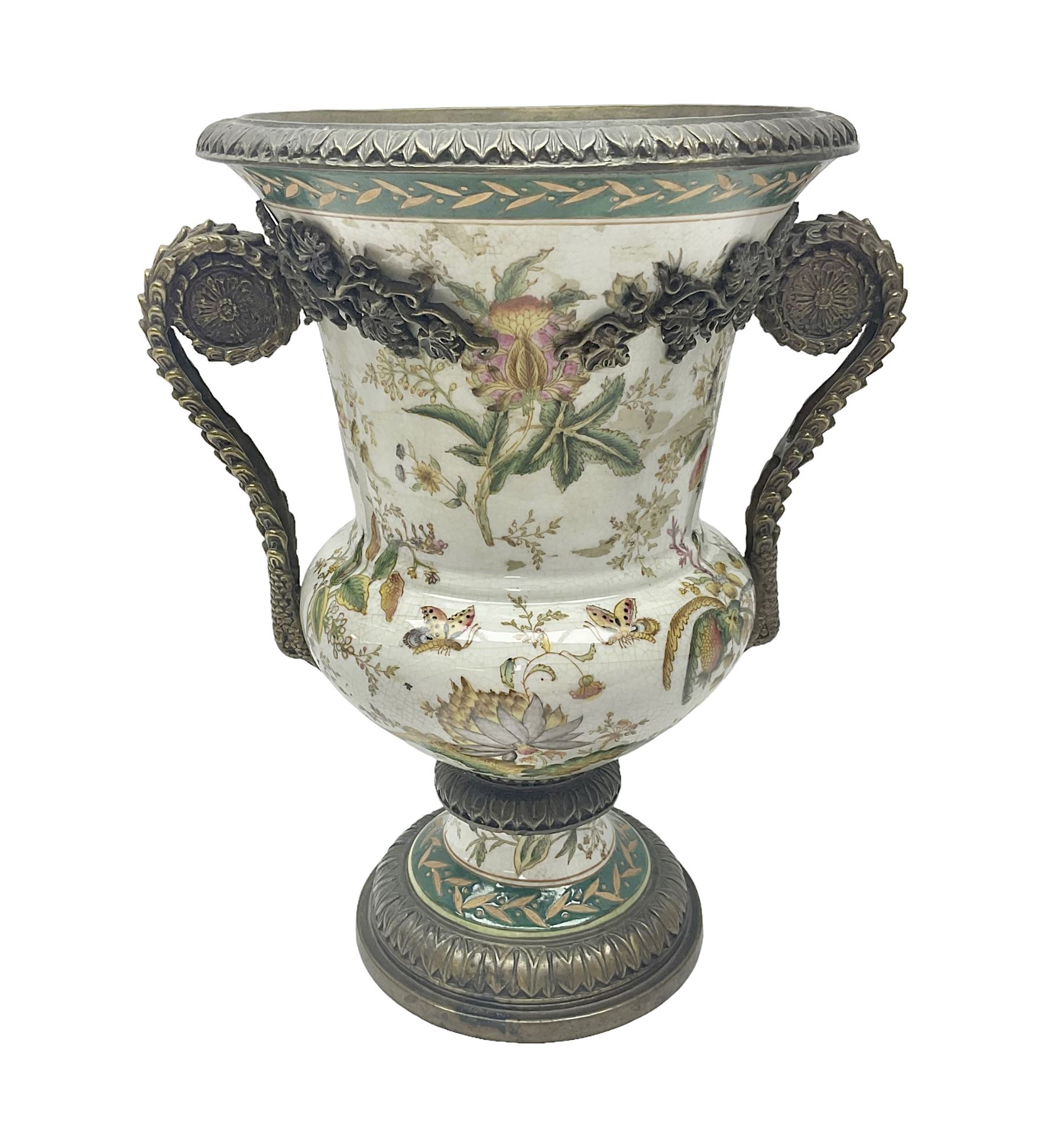 Wong Lee, twin handled ceramic urn with enamelled floral decoration and bronzed metal mounts, marked to base, height 33cm