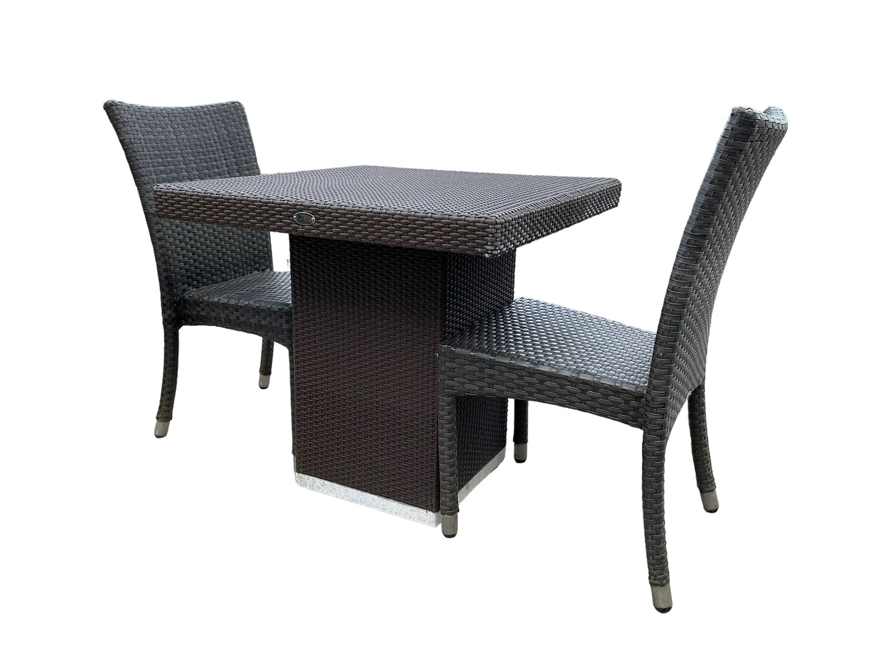 4 x Skyline Design square rattan garden table and two chairs (maroon/grey)