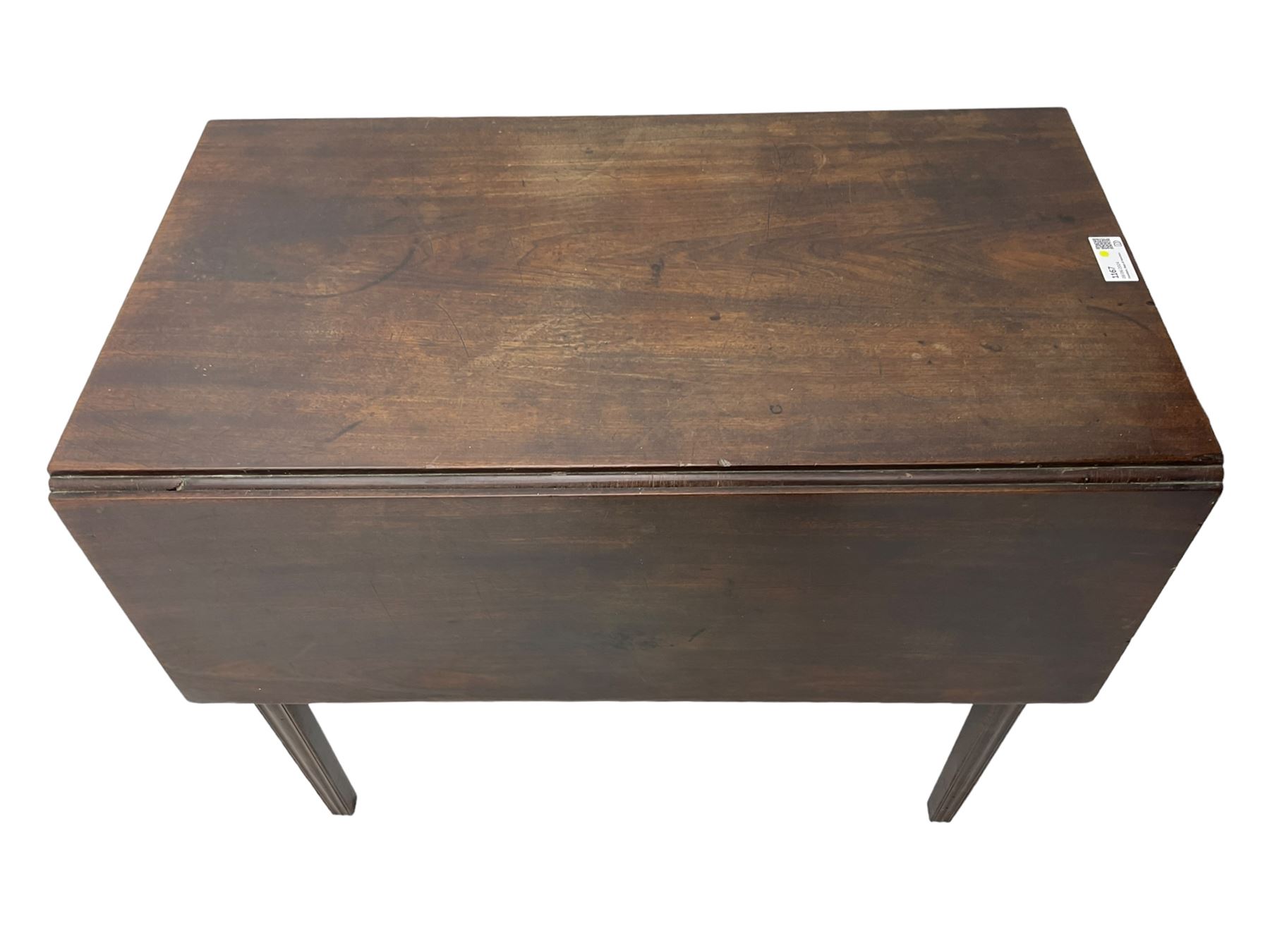 George III mahogany Pembroke table, drop-leaf rectangular top over single drawer, on square tapering moulded supports