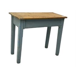 Rustic pine side table, blue painted base