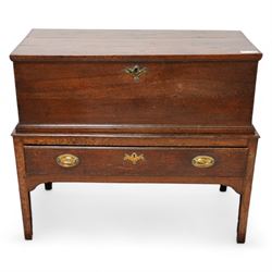 Late 18th century oak blanket box on stand, the box with hinged lid enclosing vacant interior, the stand fitted with single drawer, on square tapering supports 