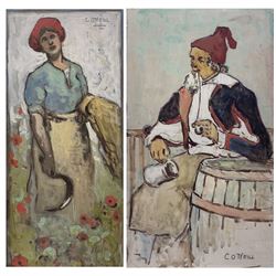 Charles O’Neill (British fl.1883-1924): Farmer Girl with Scythe and Man Smoking a Pipe, near pair watercolours signed max 35cm x 20cm (2)