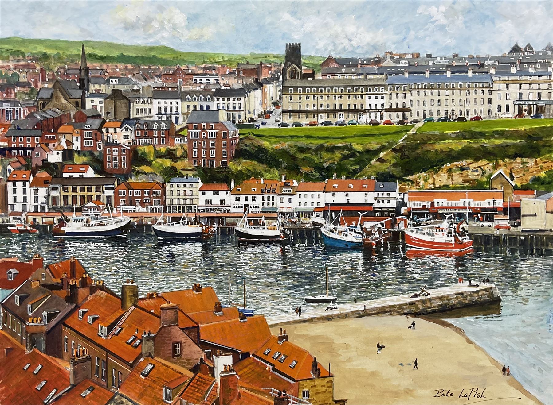 Peter Lapish (British 1937-): 'Fish Pier and West Town Whitby', acrylic on paper signed, titled verso 27cm x 37cm