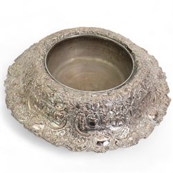 Large 19th century silver plate on copper circular table centre bowl, repousse with tavern scenes, D37.5cm, together with two pairs of silver plate on copper bottle coasters 