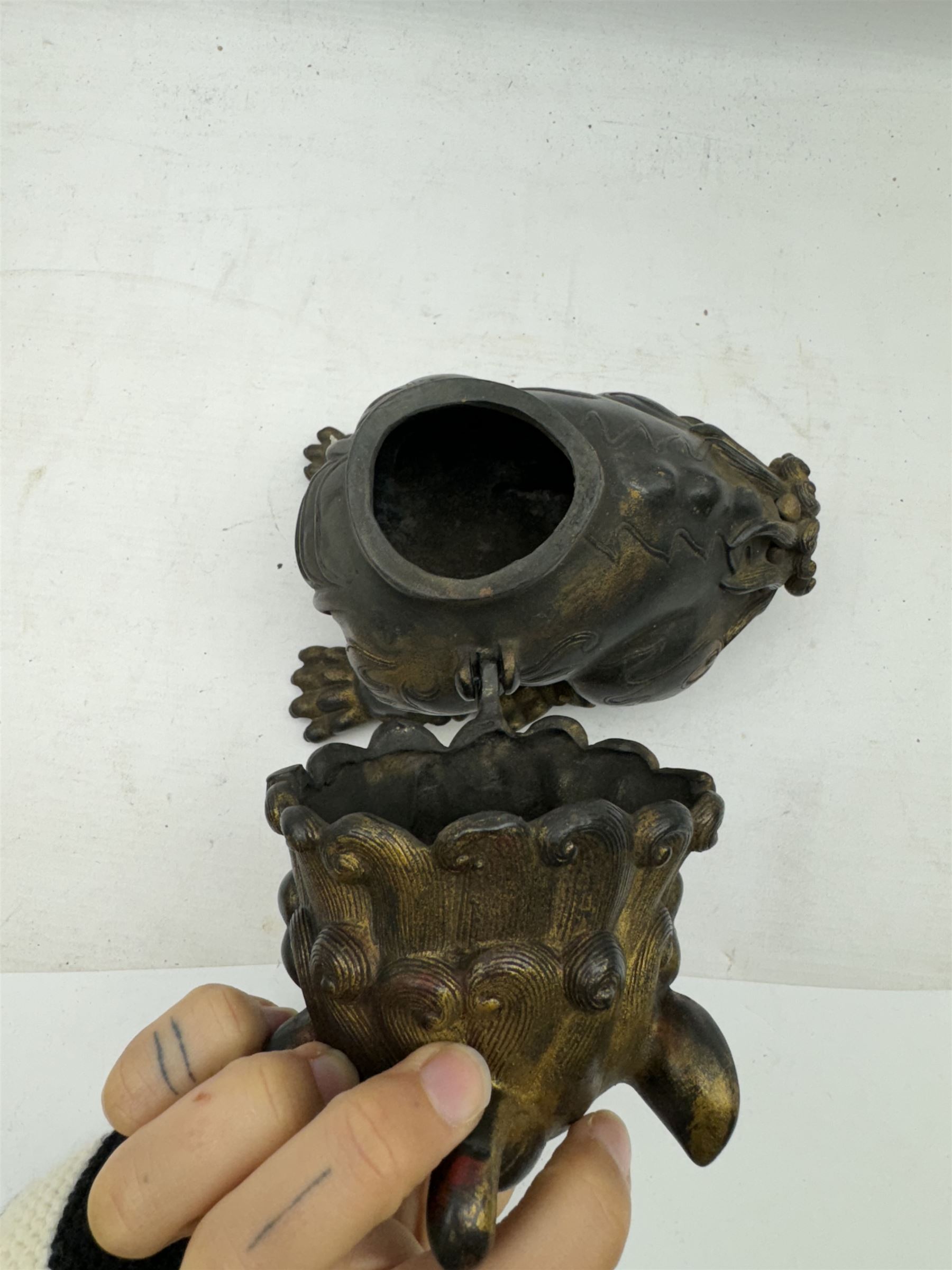 Incense burner modelled as a dog of foo, with hinged head, H15cm