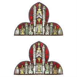 Pair of late 19th/early 20th century leaded stained glass panels,of quatrefoil form when aligned, depicting architectural forms and foliate motifs in red upon a yellow ground, each panel H42cm W63cm