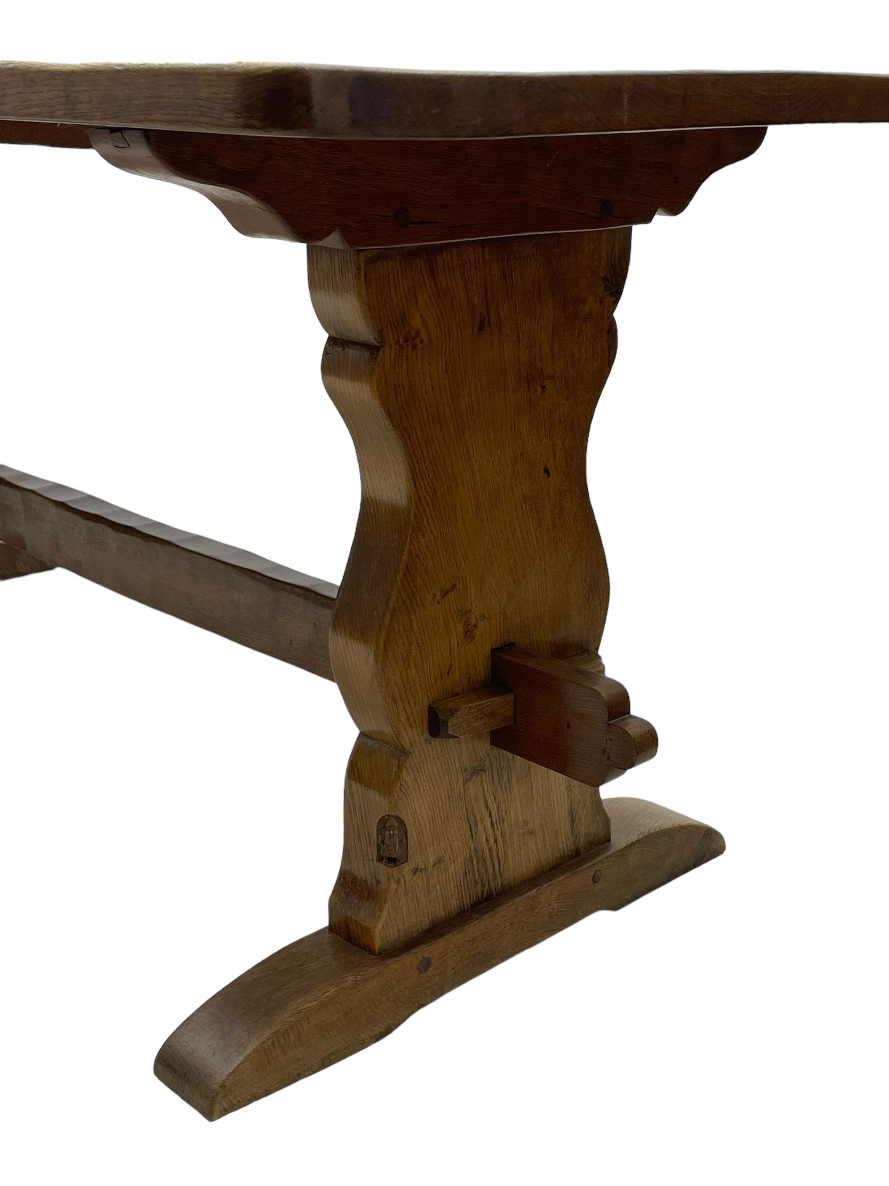 Gnomeman - oak dining table, rectangular adzed top, shaped end supports on sledge feet united by pegged stretcher, by Thomas Whittaker, Littlebeck, Whitby 