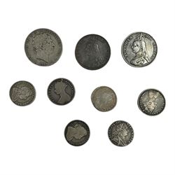 Nine silver coins, comprising William III 1696 shilling , George I 1721 over 0 and 1723 shillings, George III 1787 shilling, 1819 crown, Queen Victoria 1887 and 1888 double florins