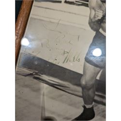 Signed photograph of British boxer Freddie Mills, together with a framed print of boxers Joe Louis and Billy Conn, a signed picture of Giacomo Agostini and a pair of 1930s brown leather boxing gloves