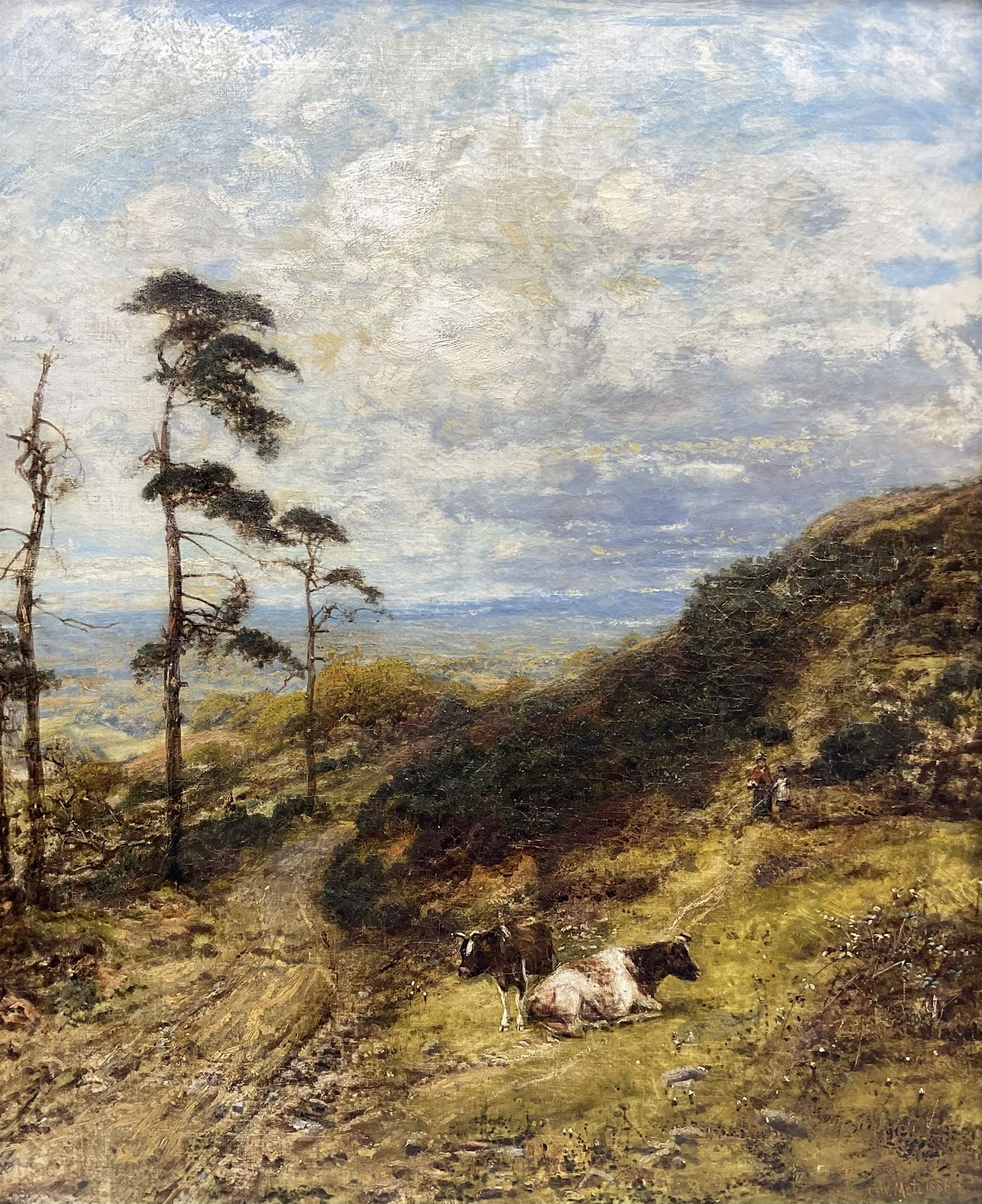 George William Mote (British 1832-1909): 'Coneyhurst Hill Surrey' with cattle resting in the foreground, oil on canvas signed and dated 1886 75.5cm x 62cm