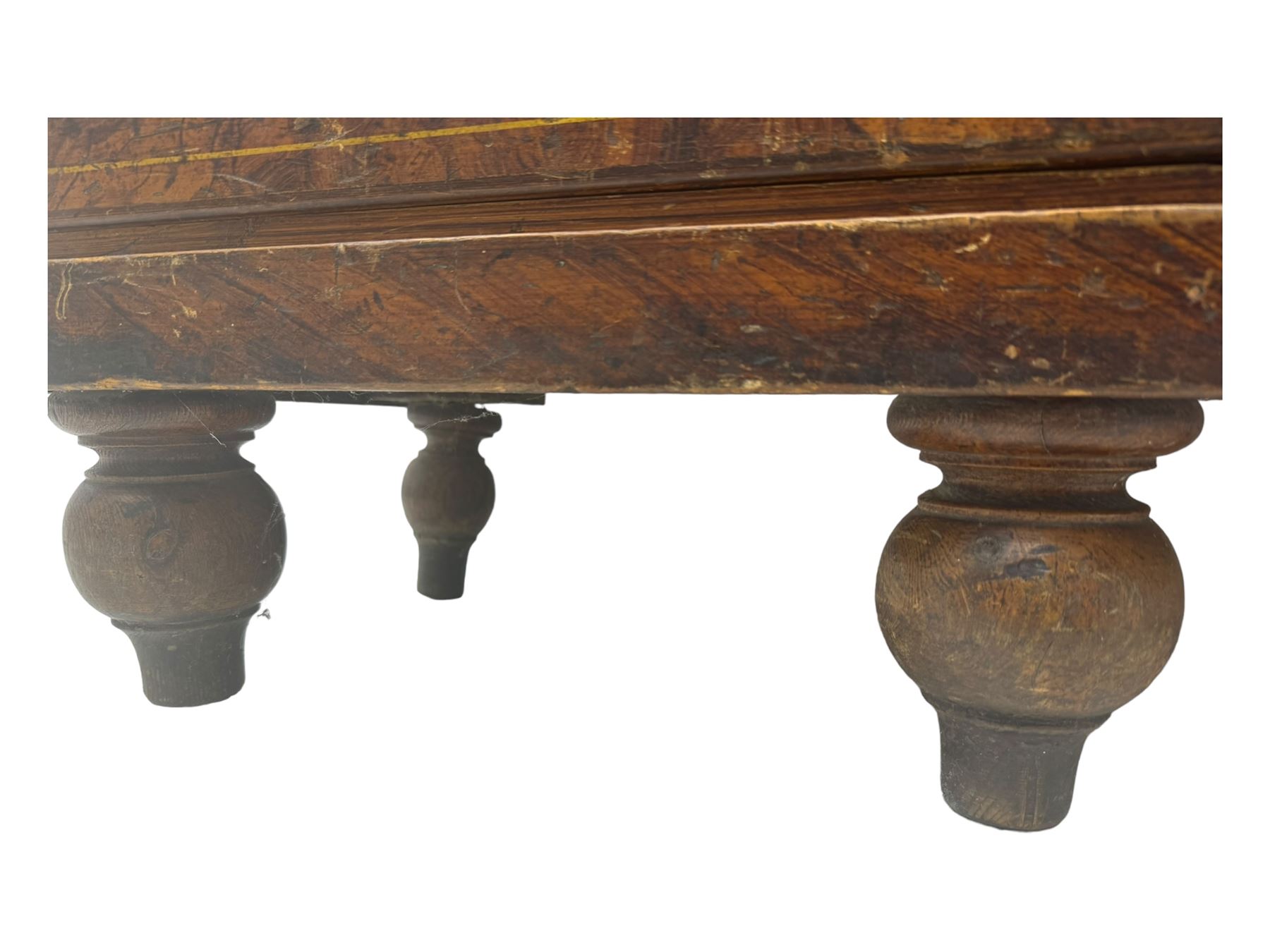 Victorian walnut scumbled pine sideboard, stepped rectangular top over central cupboard with marquetry inlay, flanked by two banks of three drawers fitted with round wooden knobs, raised on turned bun supports