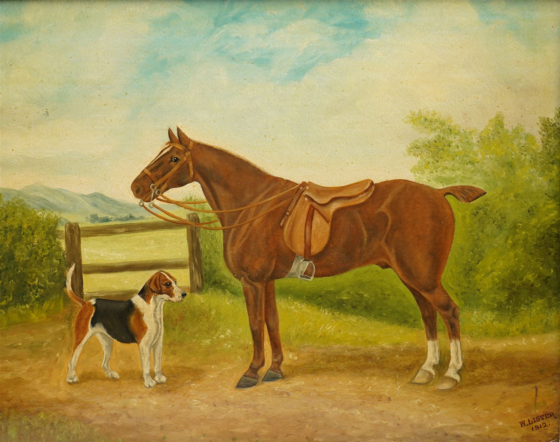 W Lister (British Early 20th century): Horse and Beagle in a Gated Field, oil on board signed and dated 1912, 32cm x 40cm