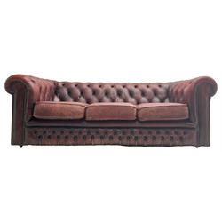 Chesterfield three-seat sofa upholstered in red buttoned leather