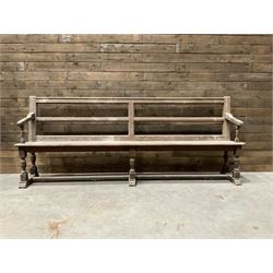 Victorian pitch pine bench pew, turned arms and legs, rail back with plank seat, 241cm