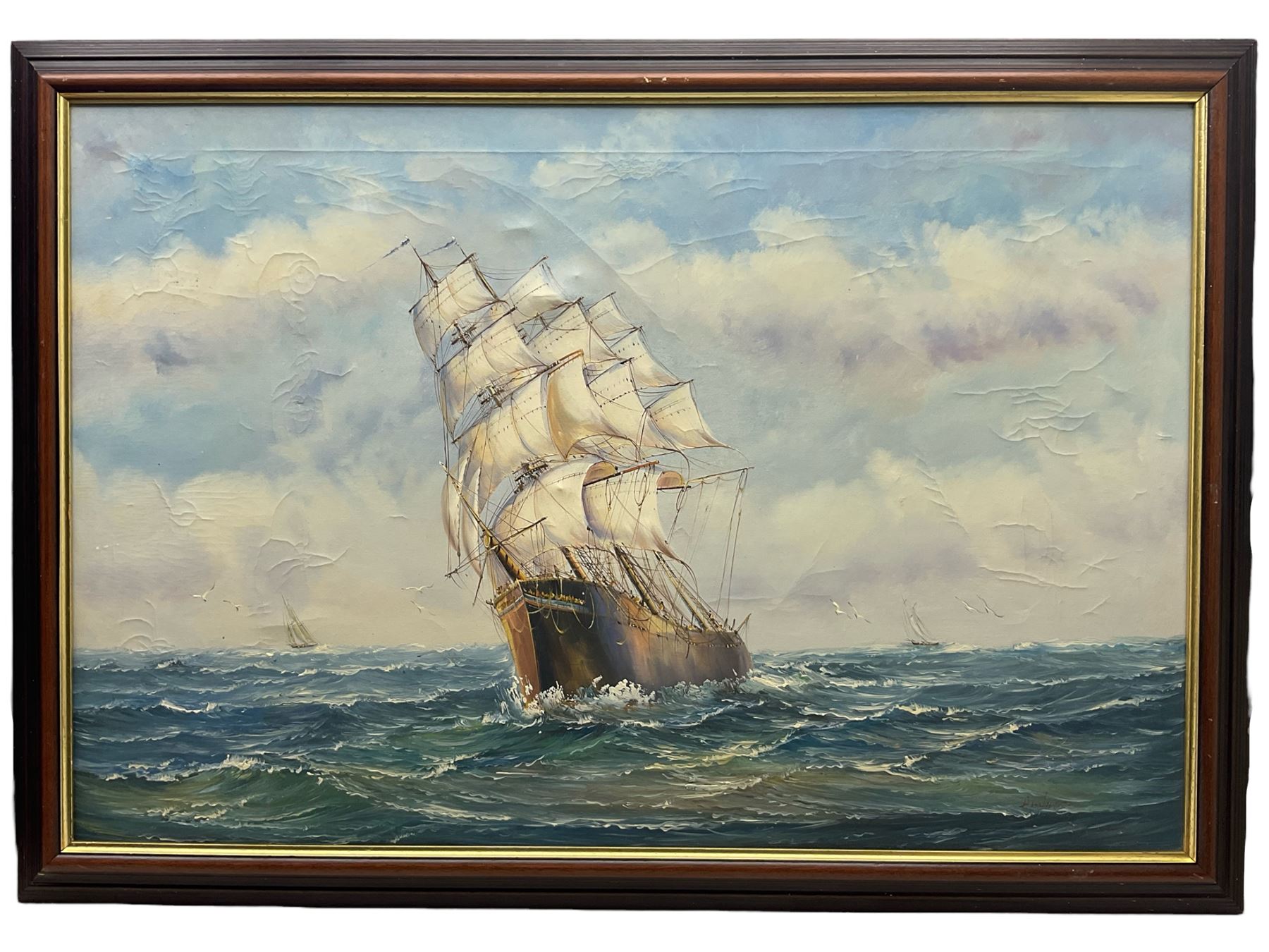 Continental School (Mid 20th Century) Ships at Full Sail, three oils by different hands signed F Daniels, Ambrose and M Unger together with an indistinctly signed impressionist landscape max 59cm x 90cm (4)