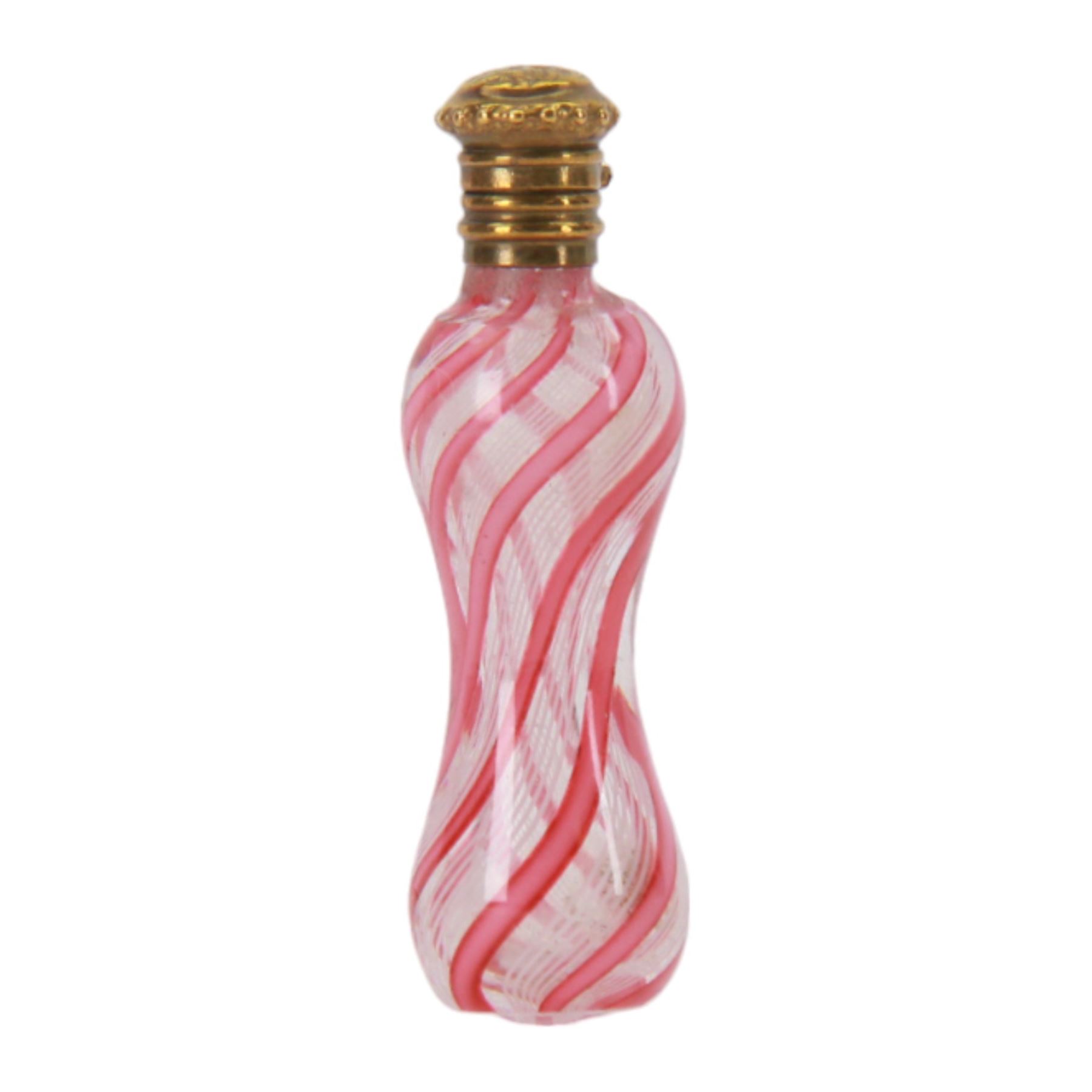 Small 19th century Clichy glass scent bottle, circa 1860, the waisted cylindrical body decorated with pink and white cane stripes, with dore bronze hinged cover opening to reveal internal glass stopper, H6cm