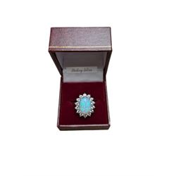 Silver opal and cubic zirconia cluster ring, stamped, boxed 