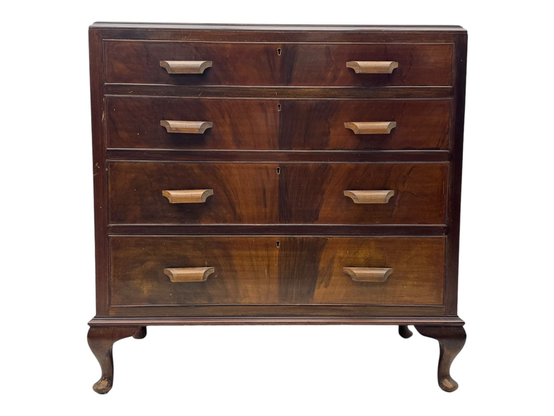 Early 20th century walnut chest, fitted with four long drawers, on cabriole feet 