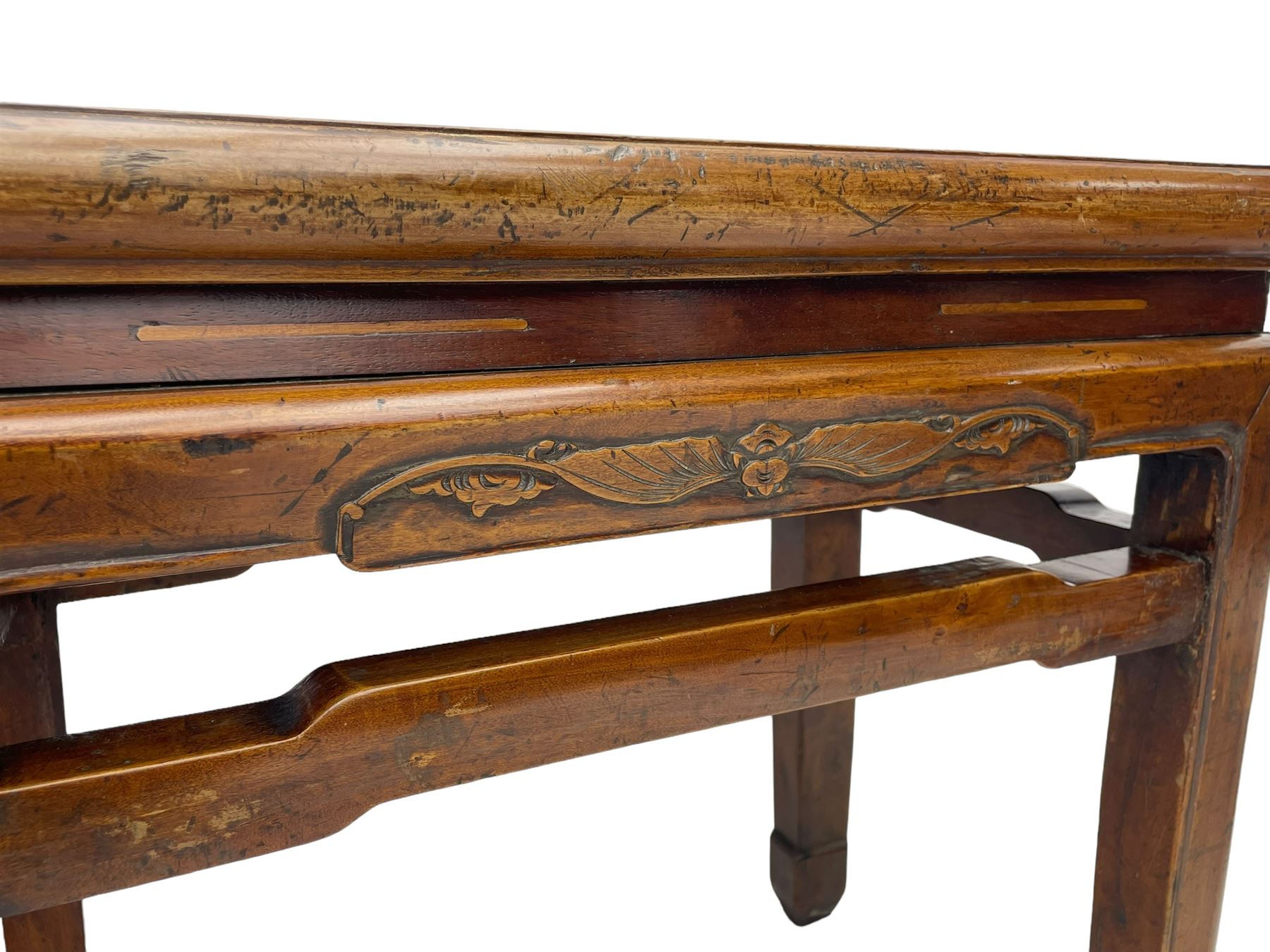 Pair of Chinese Hong Kong hardwood side tables, rectangular panelled top within moulded frame, the frieze rails carved with bats, on square supports terminating to hoof feet, united by shaped upper rails