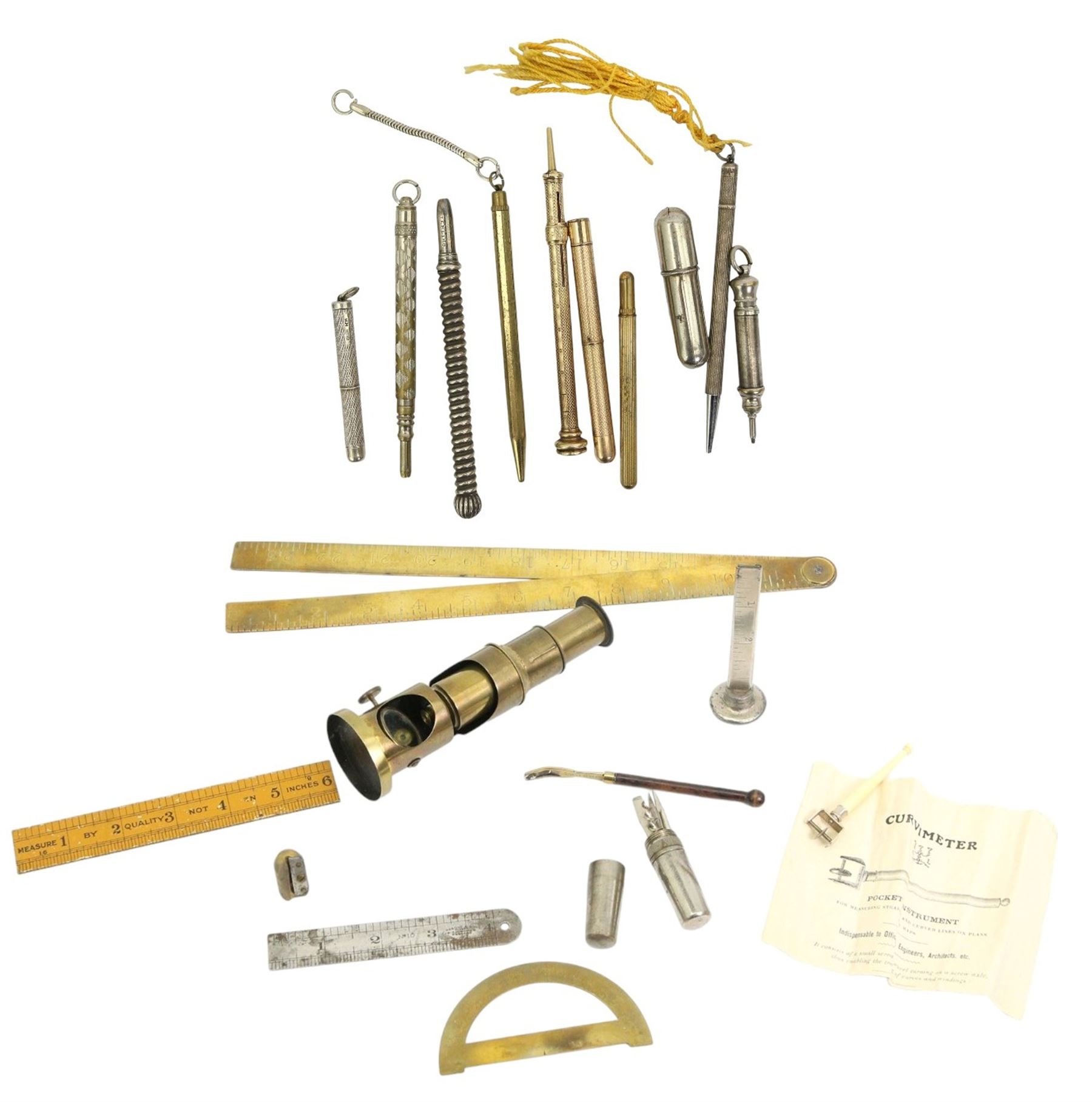 Early 20th century and later propelling pencils and accessories to include a Sterling silver pencil with barley twist stem, gold plated pencil with agate terminal, intaglio engraved with a large cat and various others 