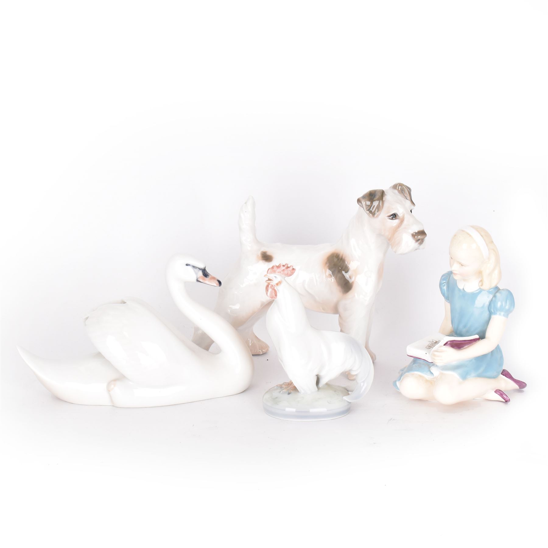 Three Royal Copenhagen figures, Terrier No1998, Swan No755, and Cockerel No1126, together with a Royal Worcester figure, Alice HN2158