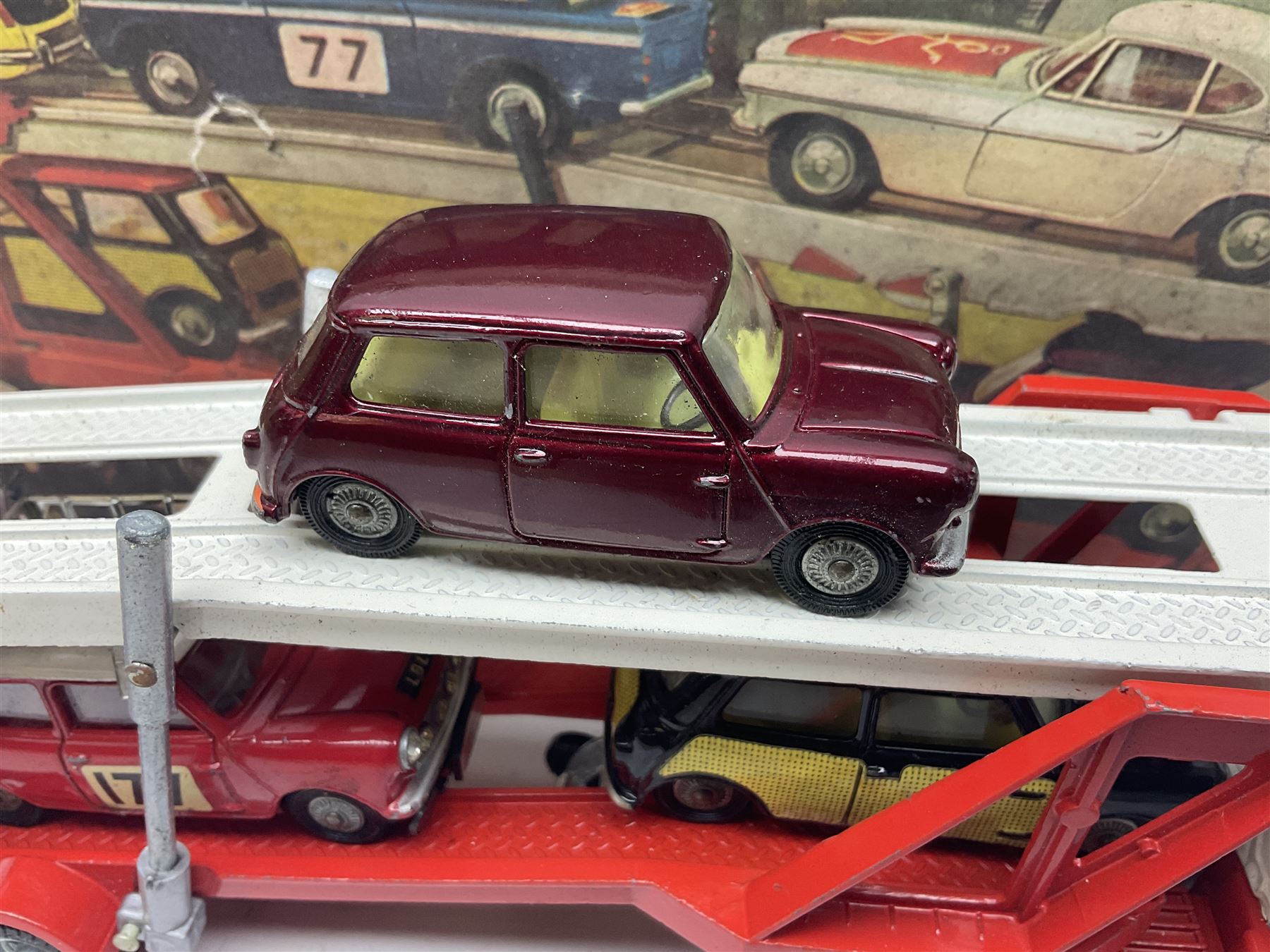 Corgi - Gift Set no.41 comprising Carrimore Mark Iv Transporter, Morris Mini-Cooper, BMC Mini-Cooper S, Morris Mini-Minor, Volvo P.1800 and Sunbeam IMP; missing MGC GT car; in original box 