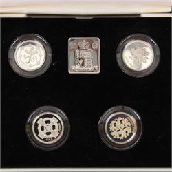 Fourteen The Royal Mint United Kingdom silver proof one pound coins, dated 1994, 1995, 1996, 1997, 1999, 1999 piedfort, 2000, 2000 piedfort, 2001, 2002, 2003, 2004, 2004 piedfort and 2005 piedfort, all with certificates, housed as sets or part sets in various cases