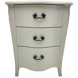 French design cream painted bedside chest, fitted with three drawers, with foliage decoration 