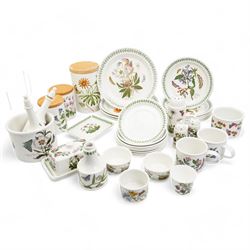 Portmeirion Botanic Garden tea, dinner and table wares to include a teapot, coffee pot, eleven mugs, rolling pin, wall clock, ten breakfast bowls, five dinner plates etc (qty)