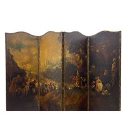 19th century four panel folding room screen, each leather panel painted with scenes from 'The Embarkation for Cythera' after Jean-Antoine Watteau (French 1684-1721), depicting a fête galante celebration with amorous couples and Cupids, with them a gilt statue of Venus, set within a classical capriccio landscape on the Greek island of Cythera, inscribed and titled verso with a verse from 'Ode on a Grecian Urn' by John Keats