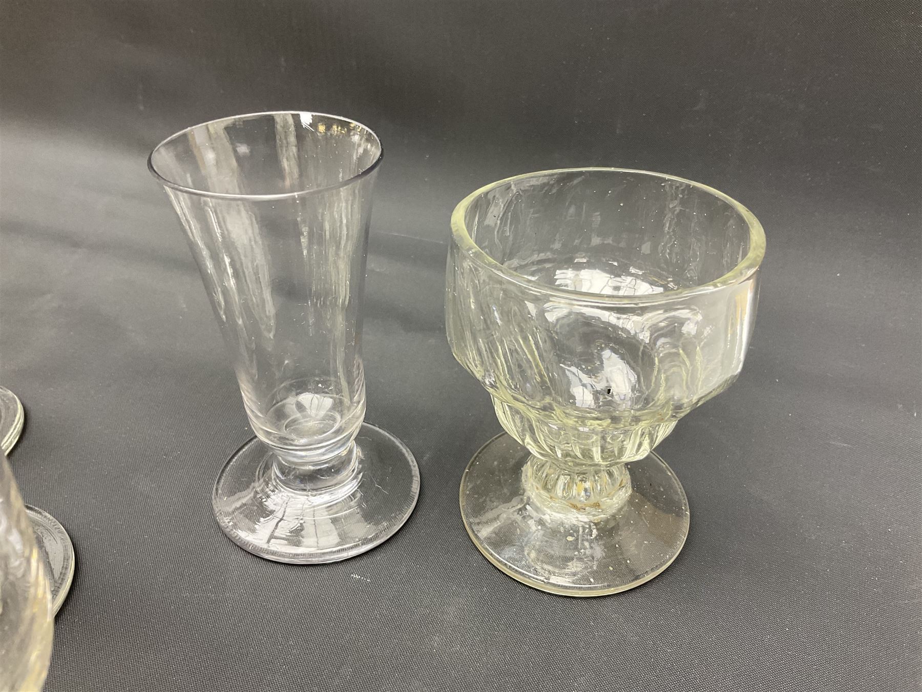 Collection of 18th century and later glassware, including set of three with twist stems and etched and fluted examples