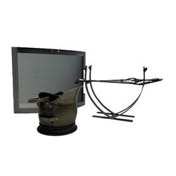 Burnished metal fire set - curved spark guard (W77cm, H60cm); log basket; companion set; helmet coal bucket 