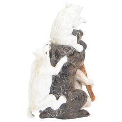 Porcelain model of a bear and cubs, possibly Russian, bearing Gardener marks beneath, and a large pottery model of a parrot, indistinct impressed marks beneath, H35cm (2)