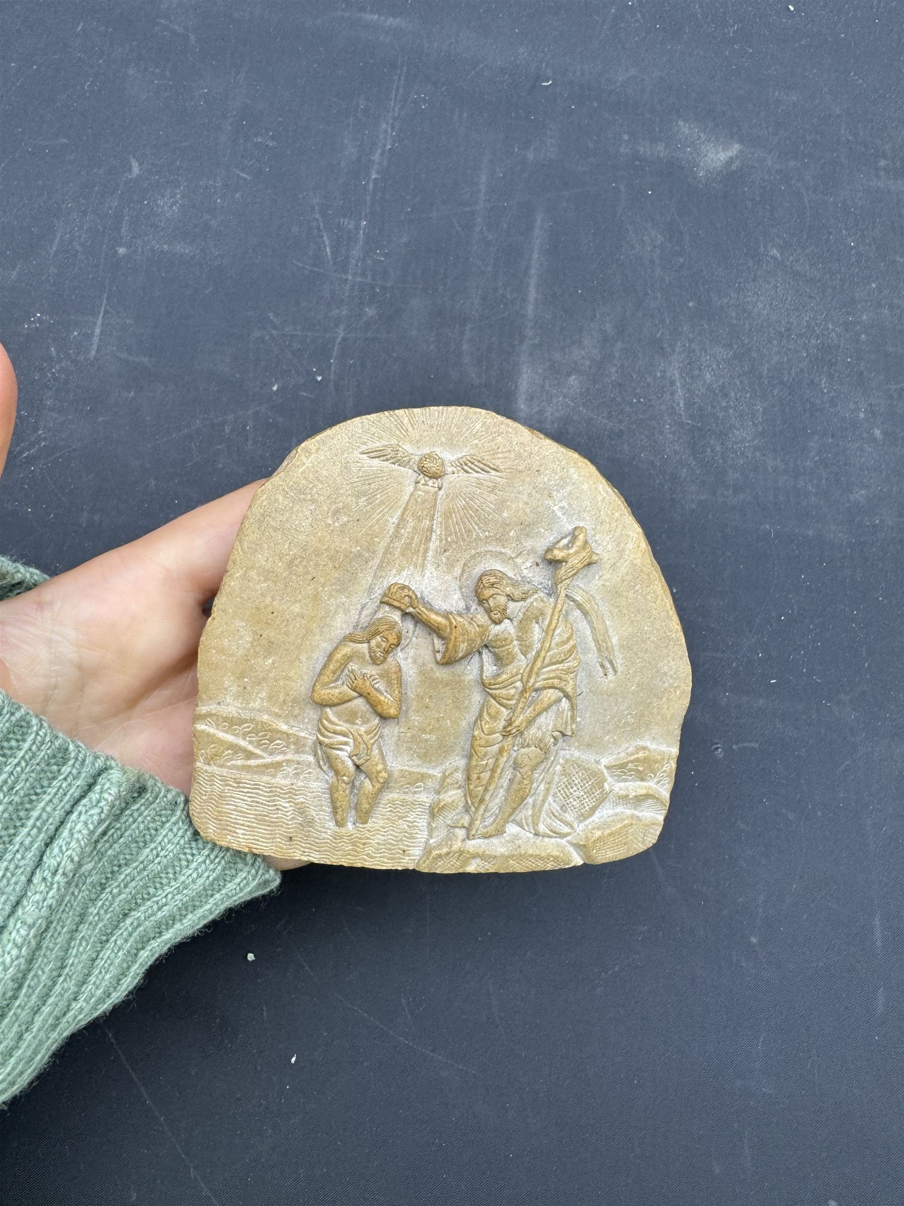 The Baptism of Christ, stone relief carving, reputedly by a Napoleonic Prisoner of War, H9cm