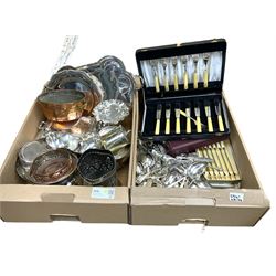 Metalware, mostly silver plate, to include entree dish and cover, bottle coasters, pedestal dishes, large quantity of cased and uncased flatware, small copper twin handled pan, etc., in two boxes