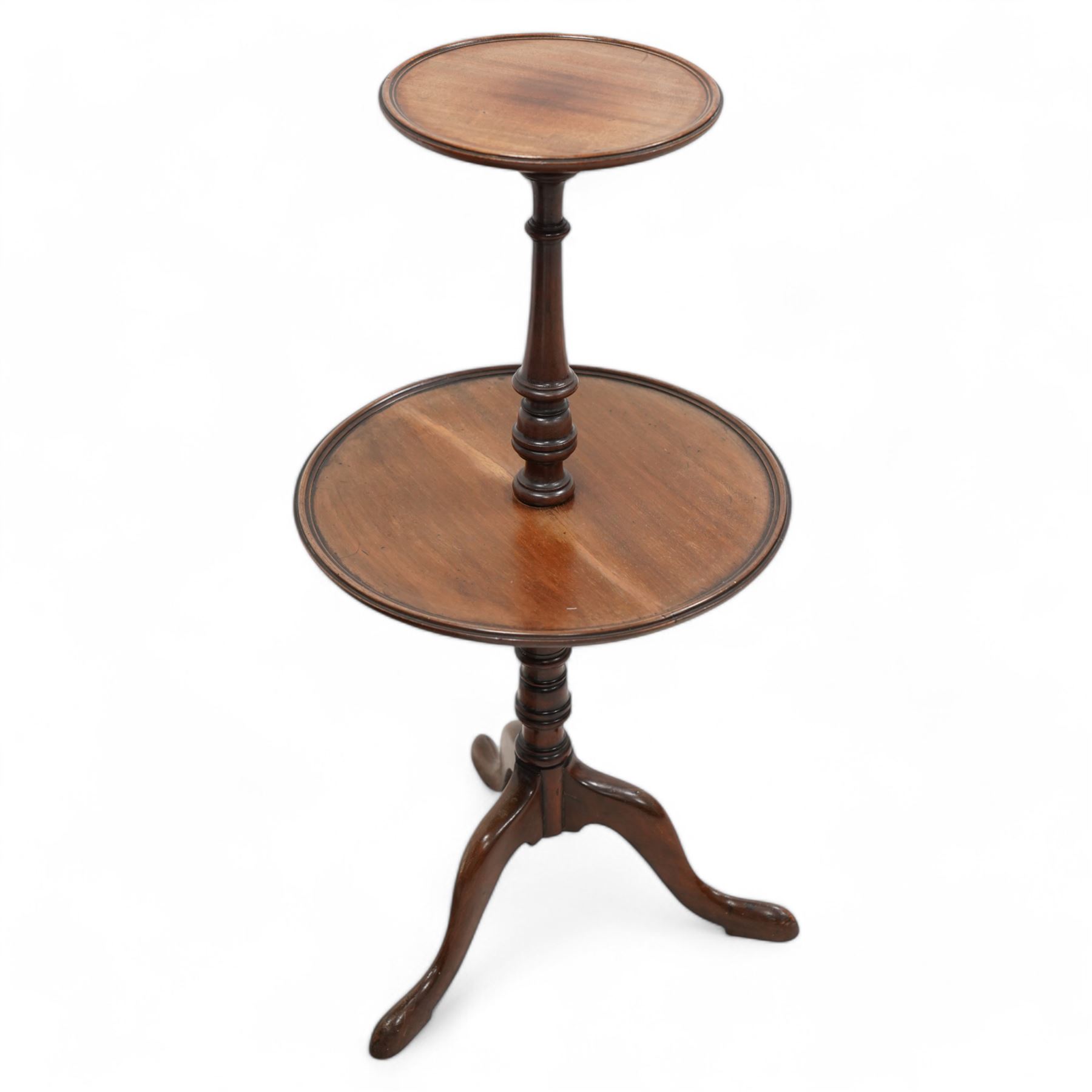 Victorian rosewood three-tier what-not or etagere, raised balustrade gallery top over three shaped tiers on turned supports, turned feet with brass cups and castors (W48cm, H83cm, D34cm); Georgian design mahogany dumbwaiter or what-not, two graduating circular moulded tiers on turned stem, three out splayed supports (W38cm, H77cm)