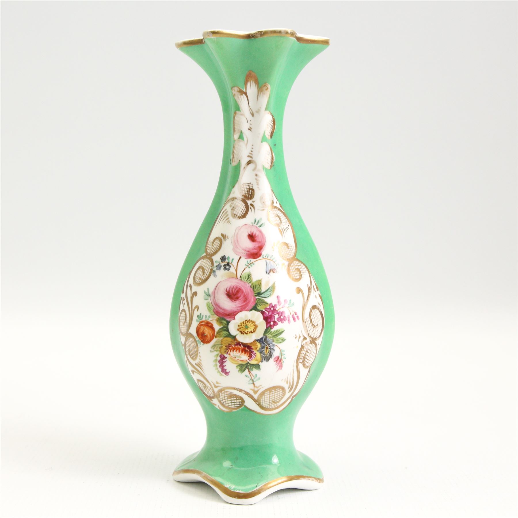 Coalbrookdale style porcelain scent bottle, the baluster form body encrusted with flowers, pair of 19th century twin handled vases, each hand painted with flower sprays, a similar vase H21cm and saucer (5)