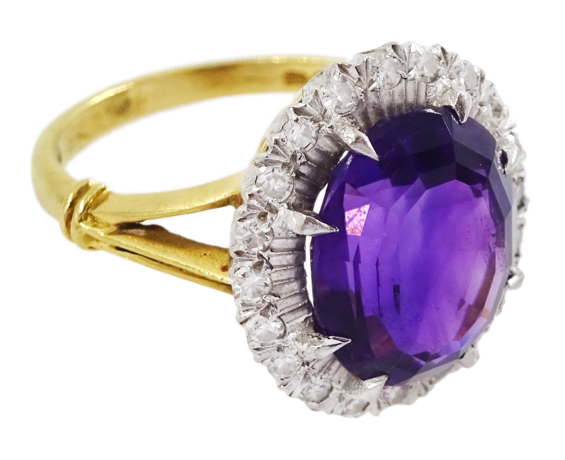 18ct gold oval cut amethyst and diamond cluster ring, hallmarked, amethyst approx 4.05 carat