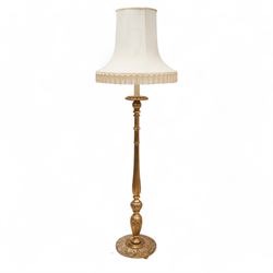 Italian design giltwood pricket stick standard lamp with shade, turned and fluted column o...